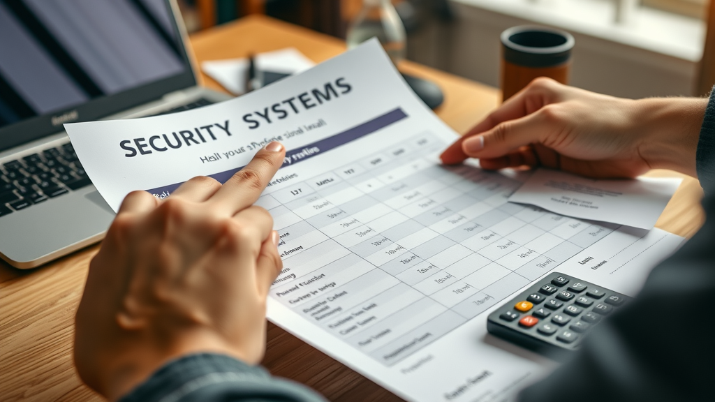 close-up comparing DIY and professional home security system costs in a UK home office