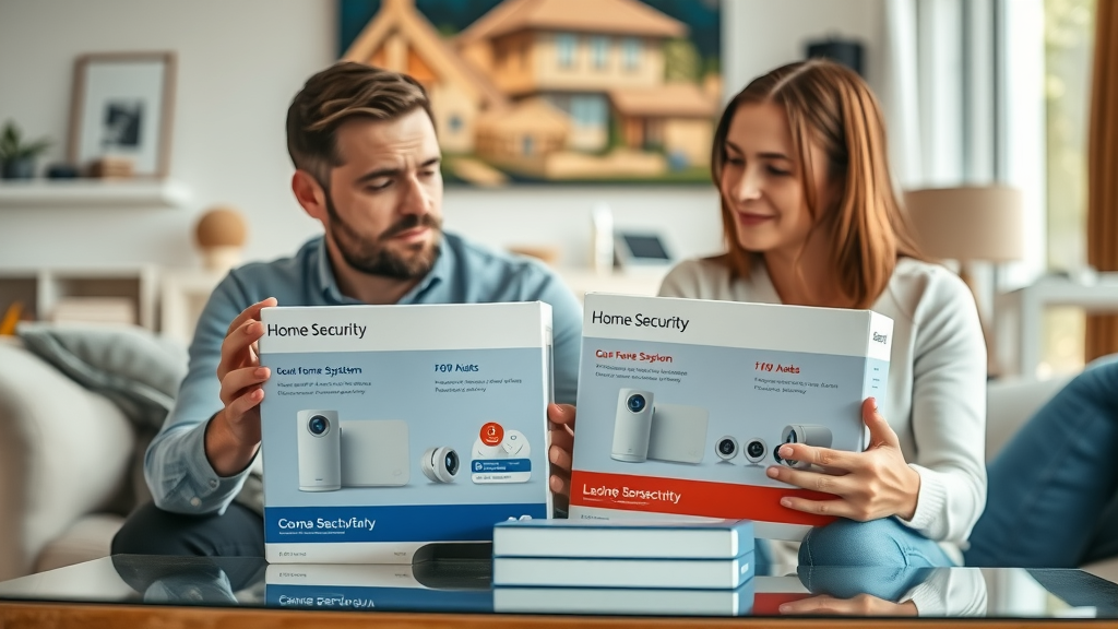 modern UK living room consumer comparing subscription and no subscription home security system boxes