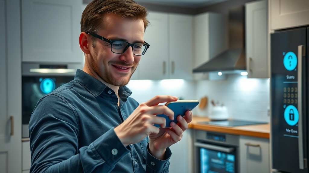 smartphone controlling smart security locks and sensors in a UK kitchen