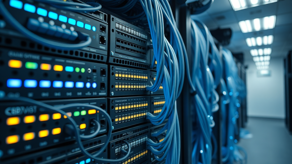Wide-angle shot of a modern UK server room with network equipment racks, switches, routers, and brightly glowing fibre optic cables. Illustrates key infrastructure components ensuring fast data delivery.