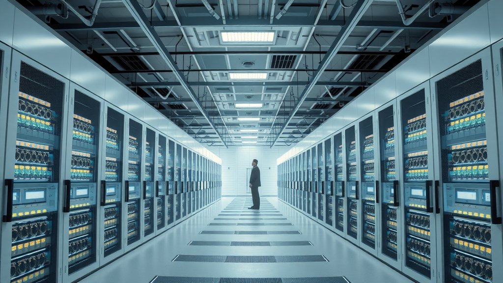 Panoramic interior of a state-of-the-art UK data centre with rows of illuminated servers. Minimal stylized workers visible in the distance, showing the scale and importance of data centres in internet infrastructure.