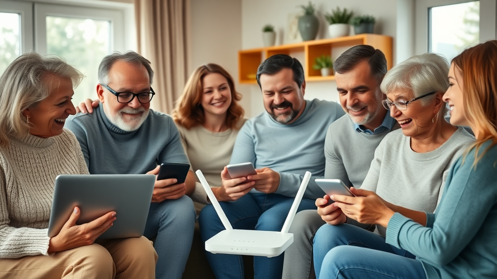 Cheerful, multi-generational UK family gathered around a home WiFi router using laptops, tablets, and phones. Highlights the importance of home internet infrastructure and connected devices.