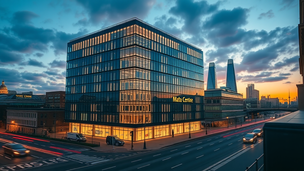 Dynamic dusk exterior of London data centre highlighting the main London Internet Exchange building. Vibrant, glowing fibre lines connect across the city, symbolising the vital data traffic flow in UK infrastructure.