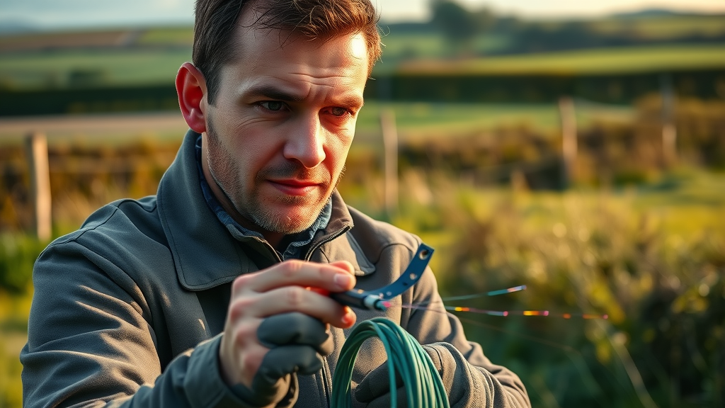 Vivid rural UK scene of a technician repairing broken fibre optic cable, showing the challenges and hands-on work involved in maintaining modern internet infrastructure across diverse locations.