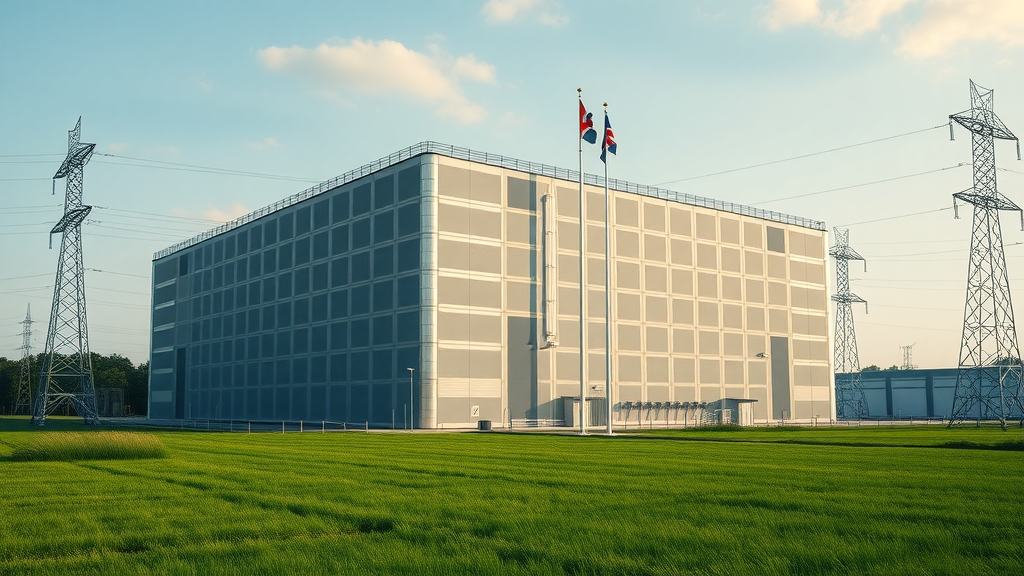 Impressive exterior of a massive UK data center standing tall with green fields, high-voltage lines, and flags—data centers in the UK