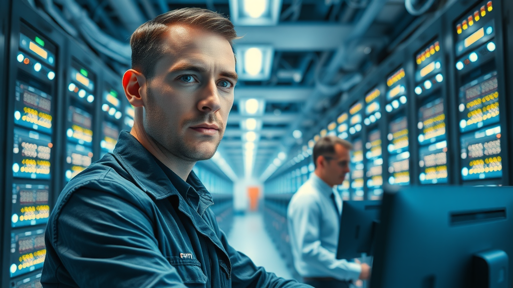 Cutaway illustration of a bustling data center interior with technicians monitoring screens, showing illuminated server racks, cable management, and LED lights—a glimpse into data centers
