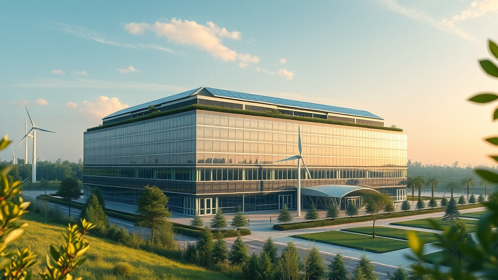 Futuristic sustainable data center building with solar panels, green roofs, and wind turbines—green data center in the UK