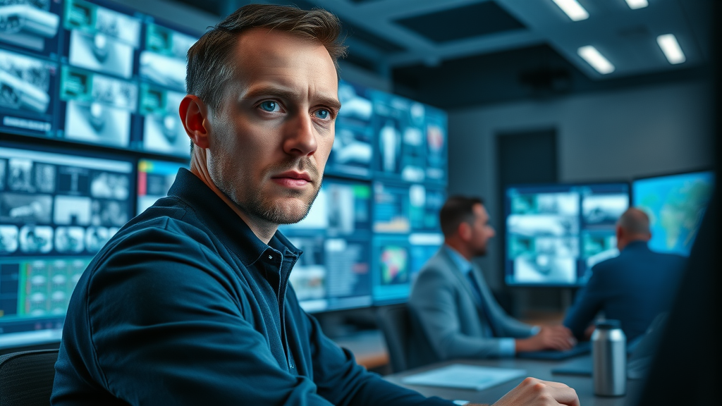 Modern security operations center inside a UK data center with experts monitoring surveillance and cybersecurity data—data center security in the UK