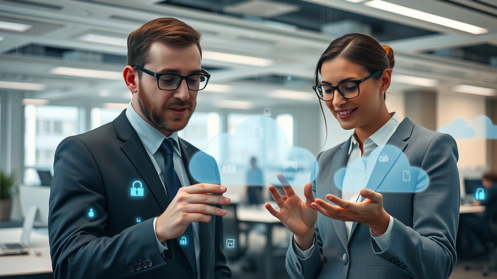 UK business professionals collaborating over holographic cloud-based digital interfaces—cloud computing and data centers in the UK