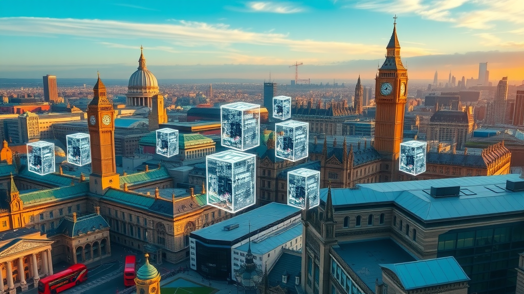 British cityscape with digital overlays highlighting new data centers appearing among landmarks—rise of data centers in the UK