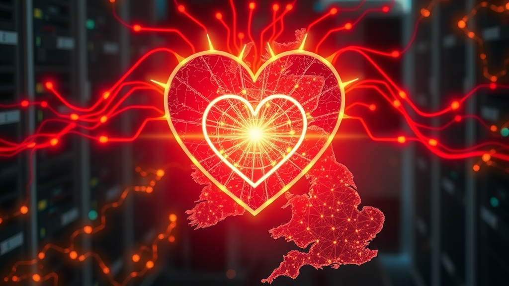 Artistic visualization of a glowing heart made from data cables and servers, radiating energy at the centre of a digital map of the UK—heart of UK data centers