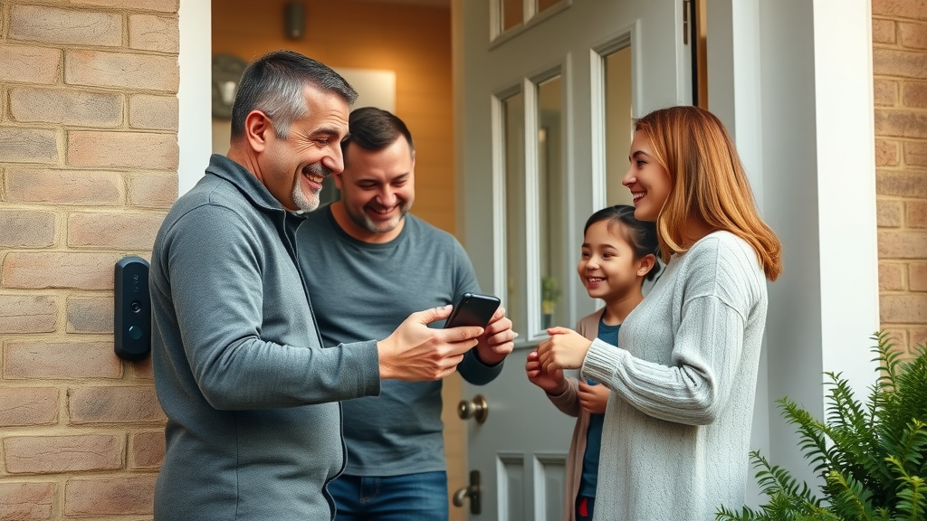 A modern smart doorbell in use on a suburban UK front porch, happy family engaging with the device, lush garden background, morning sunlight