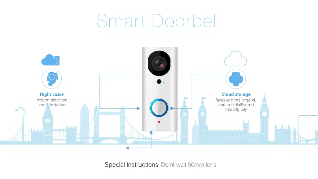 Infographic showing icons for smart doorbell features such as night vision, motion detection, and cloud storage, with subtle UK landmarks in the background