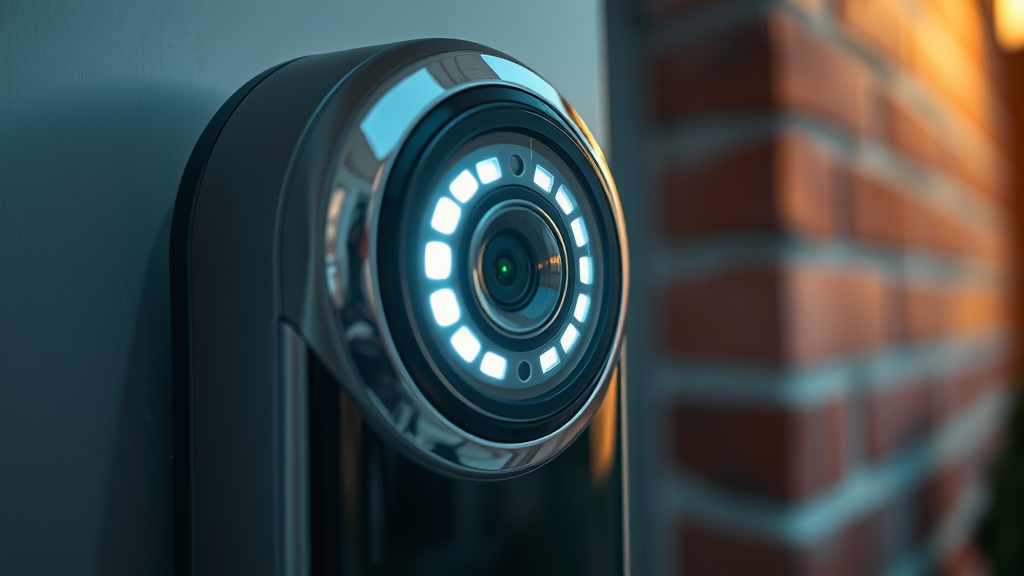 Close-up of a sleek smart doorbell with illuminated night vision camera lens, mounted on exterior brick wall in low evening light