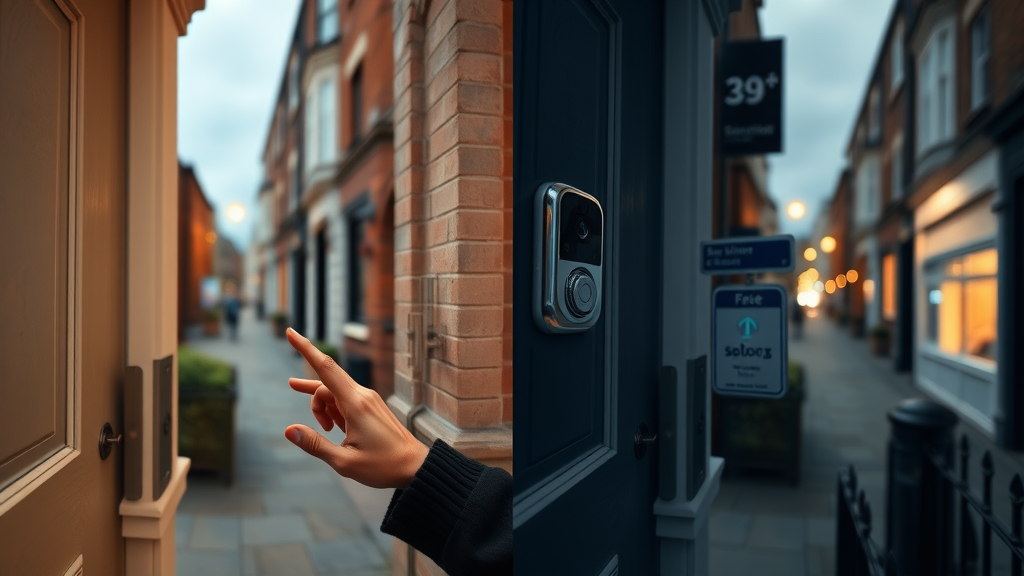 Comparison image showing smart doorbell camera view: left panel in bright daytime, right panel with night vision at night on a UK urban street