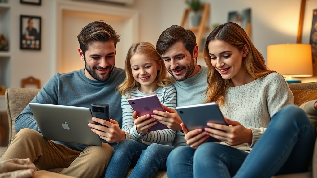 UK family browsing smart doorbell reviews online in a cozy living room with soft lighting and comfortable furniture