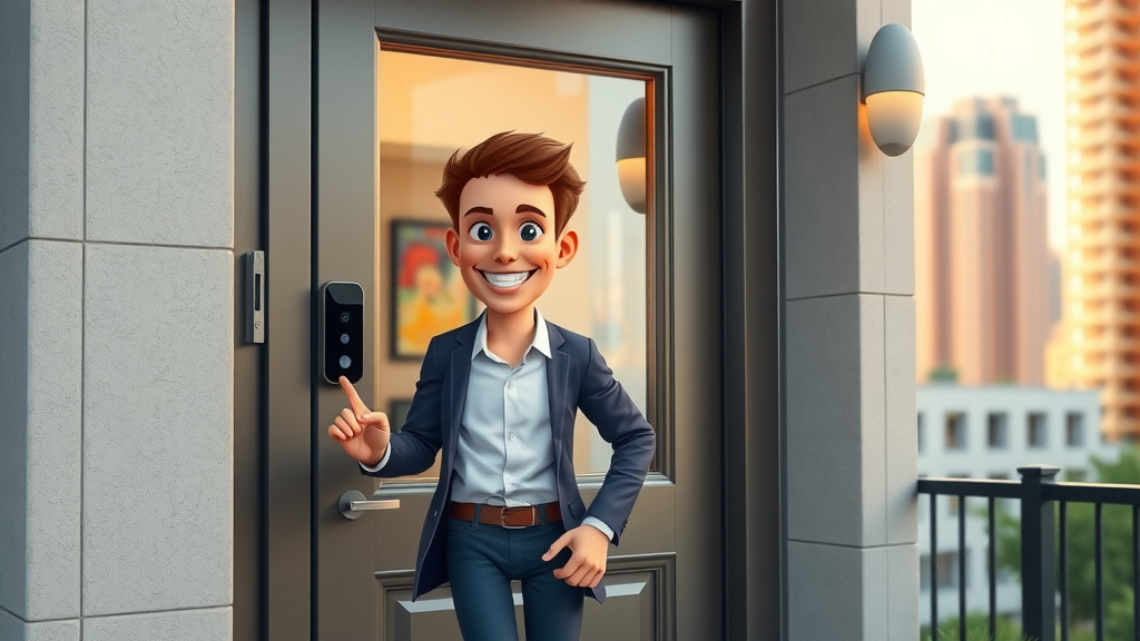 Touchless smart doorbell installed on modern apartment building entrance, young professional arriving home in vibrant afternoon light