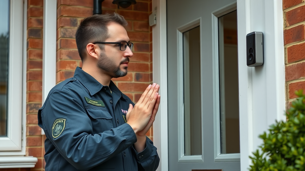 Technician carefully installing a smart doorbell on the front of a UK red brick house, using proper tools in a respectful posture