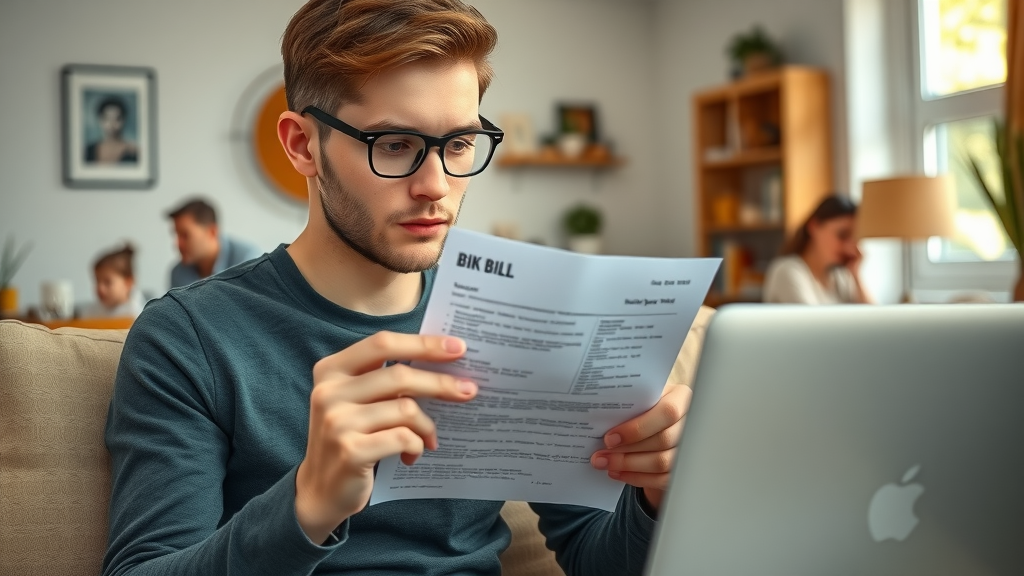 Thoughtful young adult reviewing internet bill in a modern British living room, analysing costs from their internet service provider.