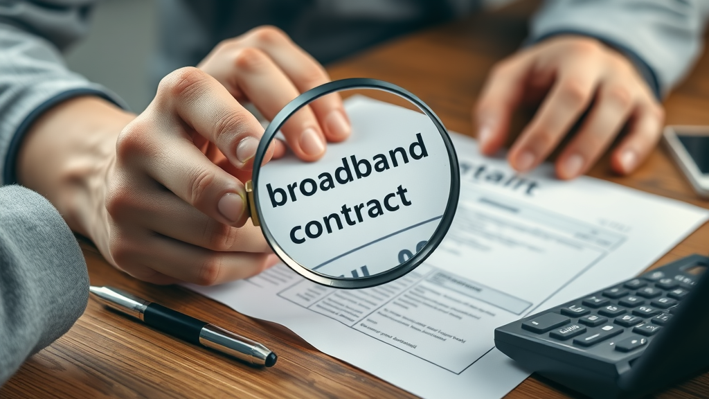 Close-up of a UK broadband contract being inspected with a magnifying glass, highlighting fine print from internet service providers.