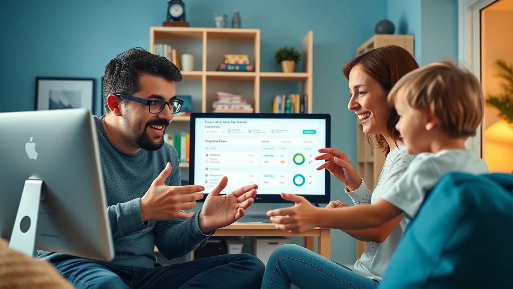Family checking broadband deals using a postcode checker on their computer in a UK home office, excited to choose the best internet service provider.