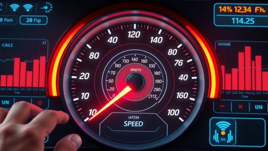 Animated internet speed gauge showing variance in download and upload speeds from different internet service providers.