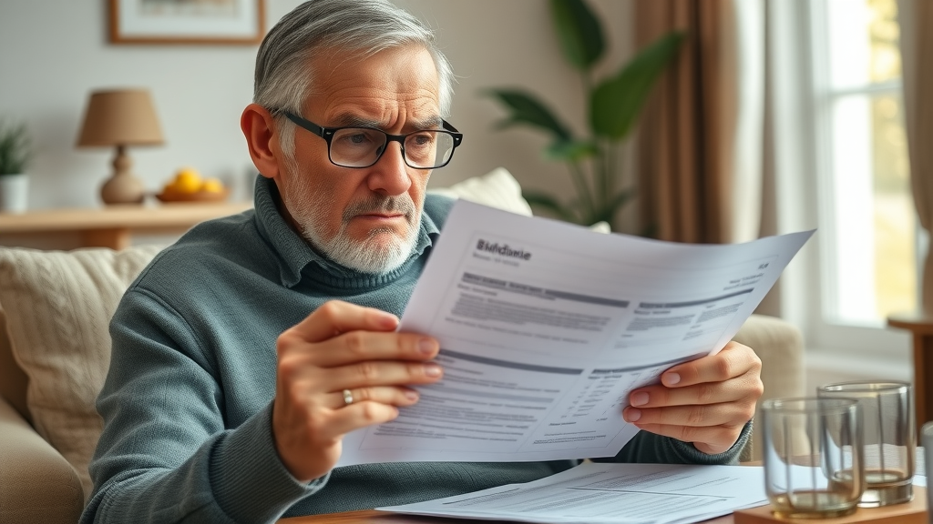 Worried retiree examining a broadband bill, concerned about contract price increases and hidden fees from internet service providers.