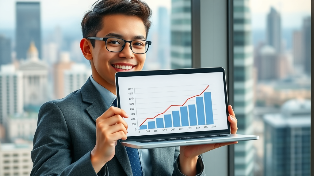Cheerful young professional presenting a graph of high speed internet from a leading UK broadband provider.