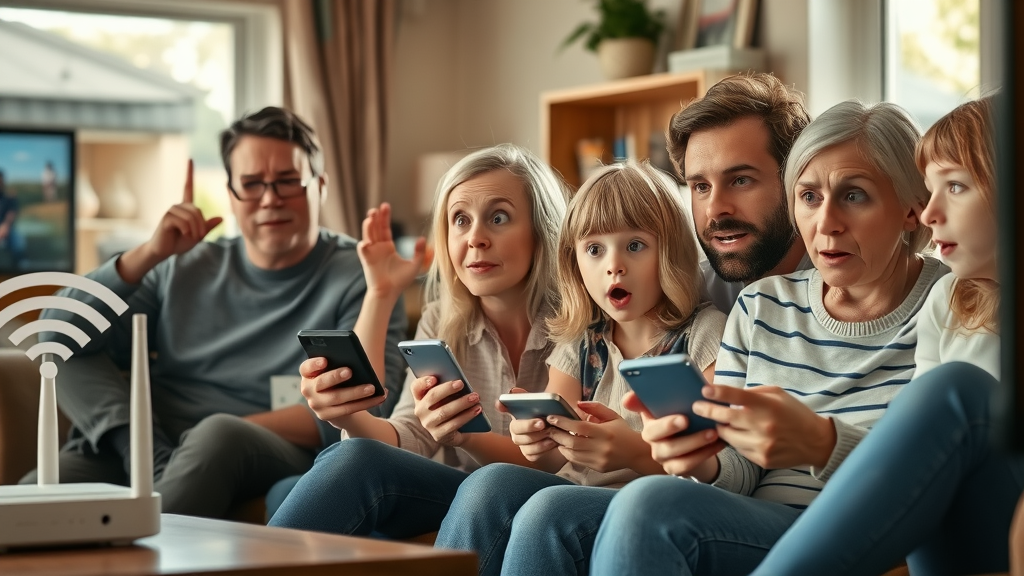 UK family using multiple digital devices with surprised expressions, showing the impact of internet speed in a cozy living room, visible Wi-Fi router and TV streaming