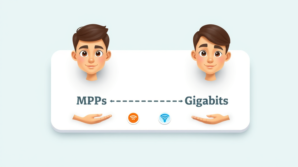 Infographic diagram illustrating Mbps and Gigabits for internet speed with minimalist icons for cables and Wi-Fi, animated speed indicators