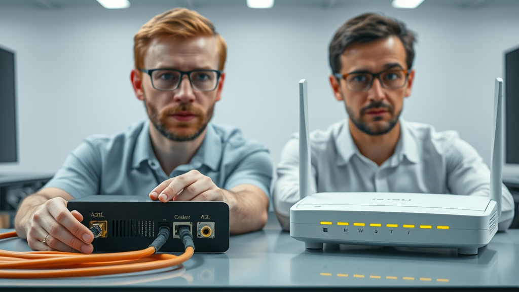 Comparison of broadband hardware including fibre optic cables, ADSL modem, coaxial cable, and a 5G router for UK internet speed solutions
