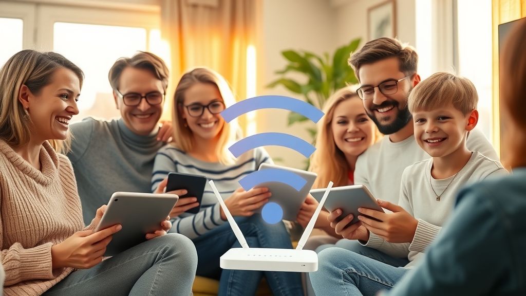 Happy UK household smiling around a glowing high-speed Wi-Fi router, showing fast internet speed in a bright modern living room