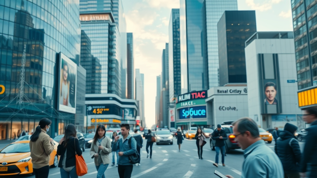 Vibrant cityscape with visible 5G antennas and connected devices, people interacting with technology, engaged in daily activities, Photorealistic High Fidelity Lifelike—modern UK city with glass skyscrapers and digital connectivity lines, subtle blue and silver hues, ambient daylight.