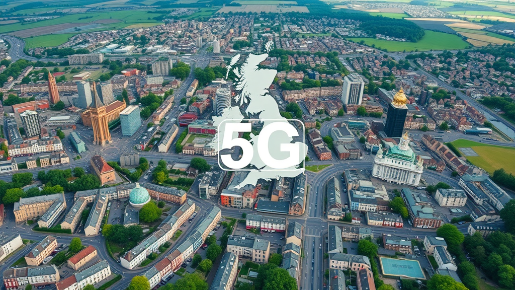 Dynamic aerial shot of UK towns and cities with overlay icons indicating 5G coverage zones, communities using mobile technology, urban and rural landscapes—5G mobile network connectivity.