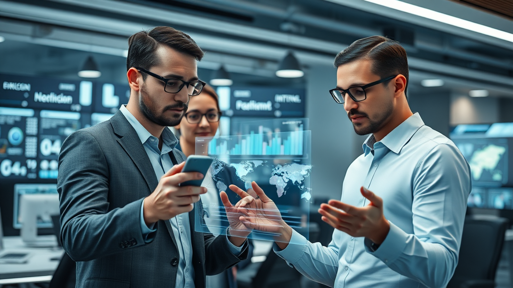 Modern office with professionals collaborating on AR business applications powered by 5G, interacting with holographic charts—business innovation use case.
