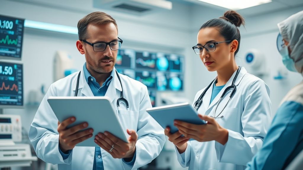 Cutting-edge hospital showing doctors remotely monitoring patient data via 5G-enabled tablets—healthcare advances with wireless technology.