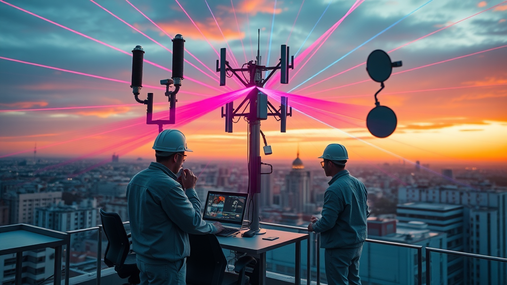 Technical visual of a 5G base station with multiple directional antennas (Massive MIMO/beamforming)—enhancing wireless technology and network capacity.