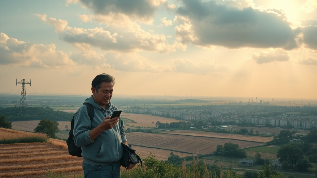 Contrast between rural countryside with sparse 5G infrastructure and dense urban area full of 5G antennas—coverage disparity on the mobile network.