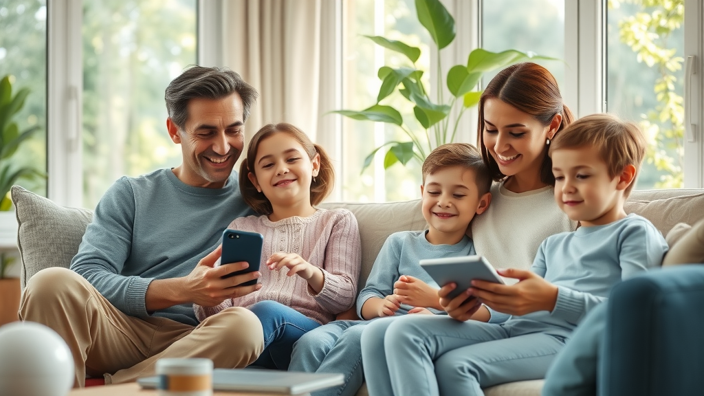 Calm family at home surrounded by smart 5G-enabled devices, relaxing with technology—safe 5G wireless technology for homes.