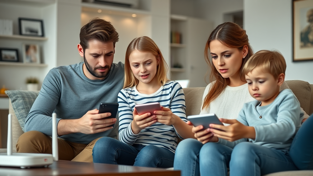 Frustrated UK family confused with devices in living room and problematic Wi-Fi router.