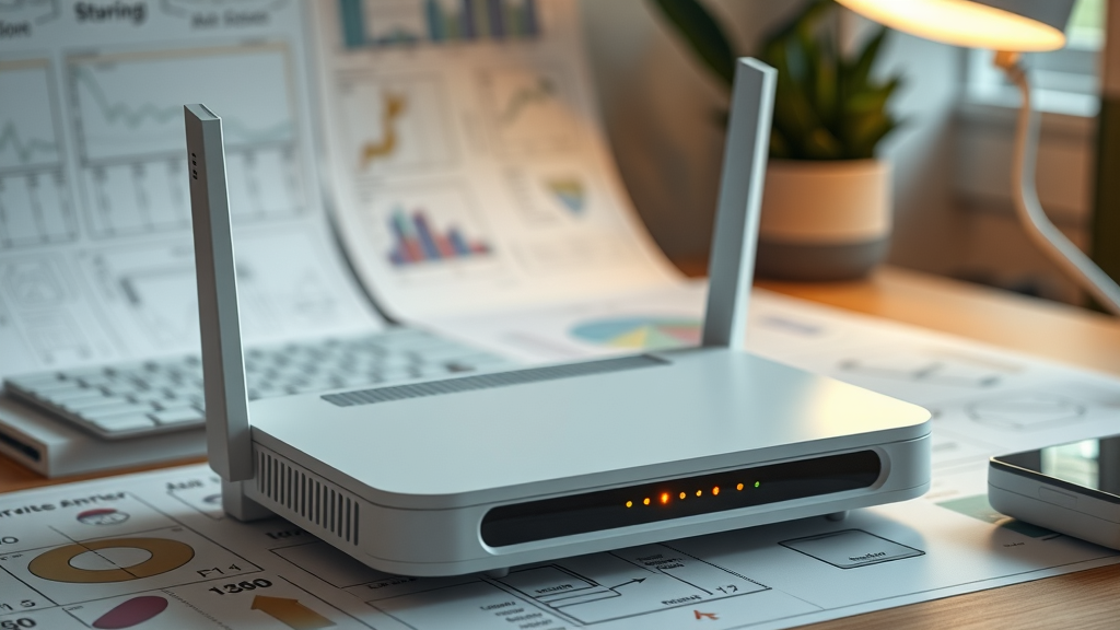 Modern wireless router with technical schematics, showing backbone of a home internet connection.