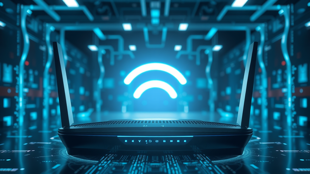 Futuristic Wi-Fi 6 router with innovative antenna and digital data flow, representing the latest in router technology.