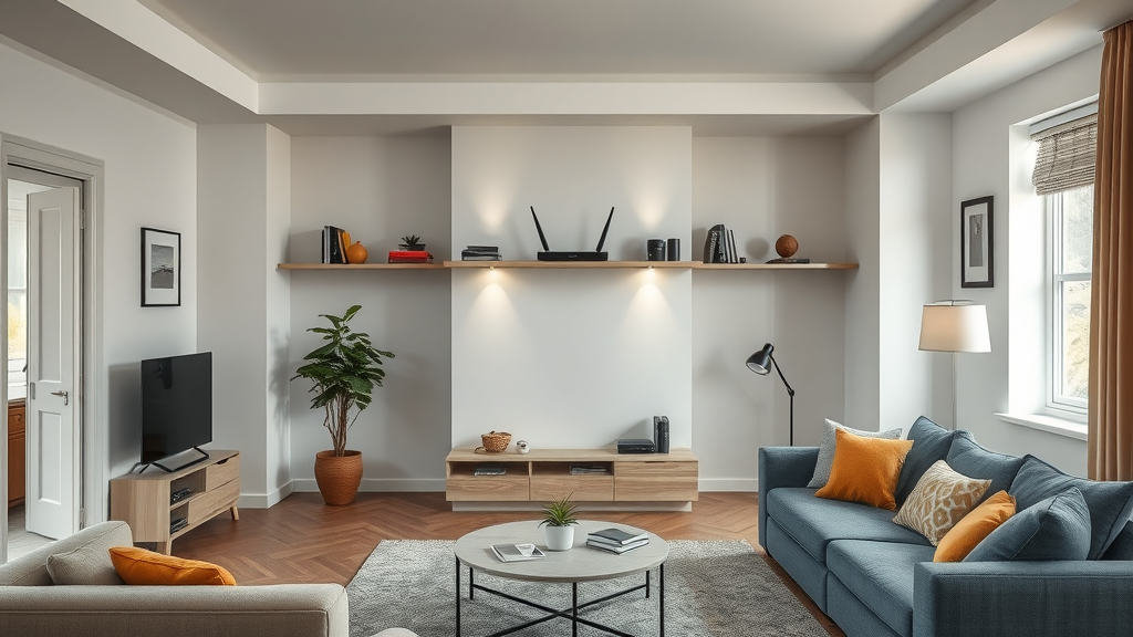 Router placed centrally on a high shelf in a modern organized UK living room, indicating optimal location for wireless router.