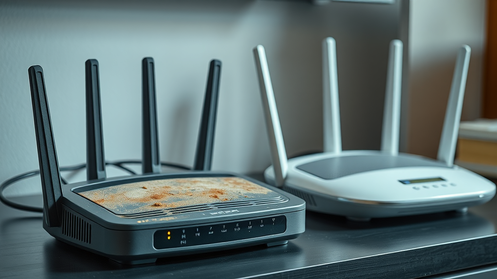 Outdated dusty old router beside a shiny new wireless router, contrasting router technology generations.