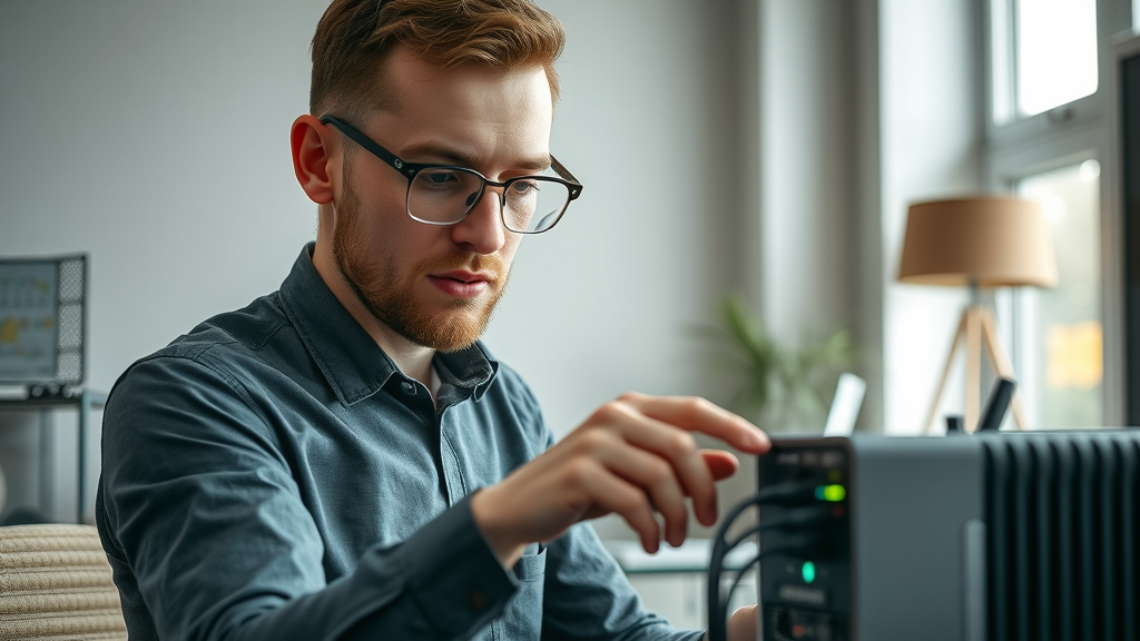 UK small business owner checking router connectivity lights and cables to diagnose Wi-Fi issues.