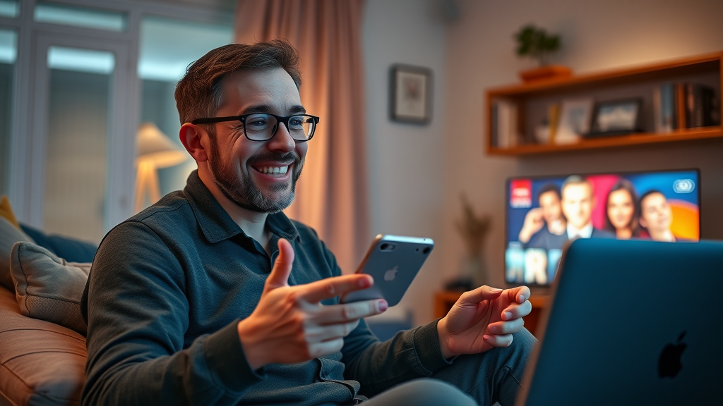 Confident UK tech user streaming content on high-speed Wi-Fi, showcasing successful router technology upgrade.