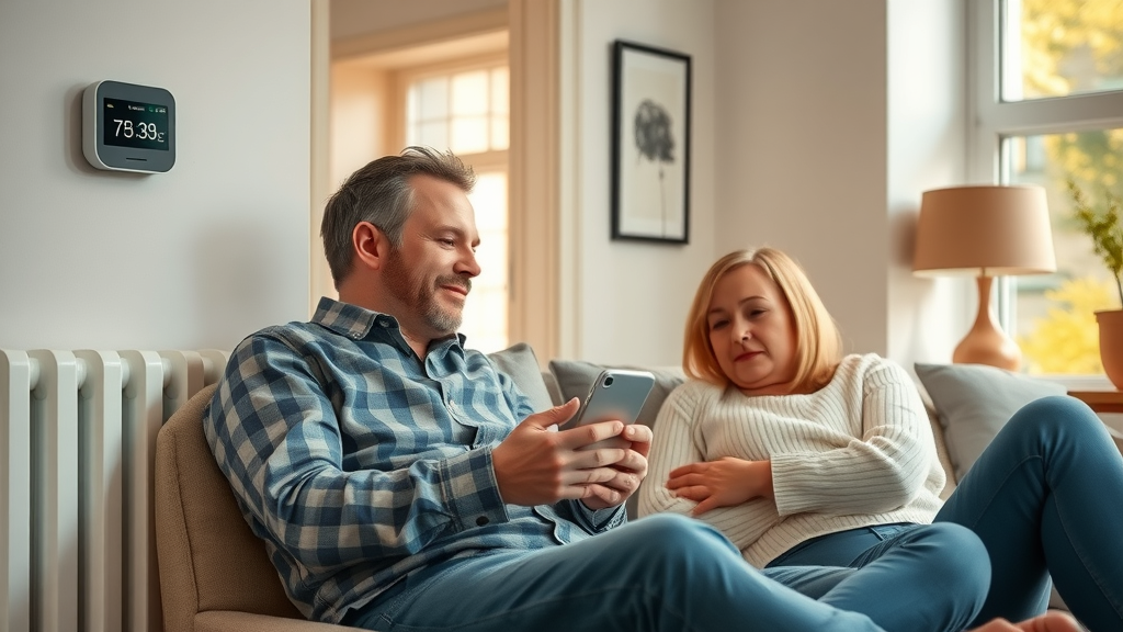 Modern British family using a smart thermostat in a bright UK living room, with a radiator and high-tech décor, demonstrating control of heating and hot water with a smart thermostat