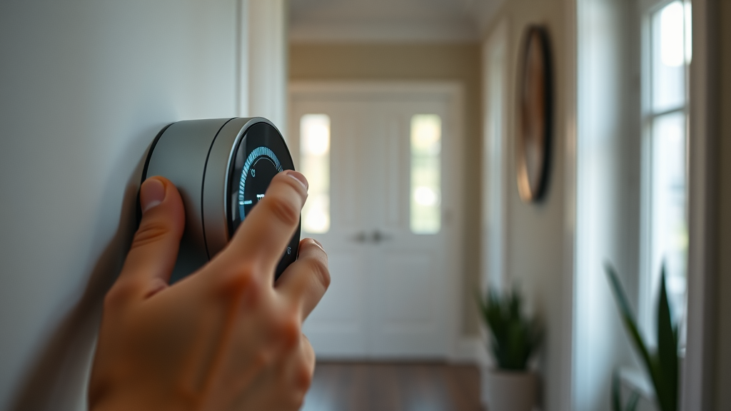 Close-up of a modern smart thermostat with glowing display, being adjusted in a UK home