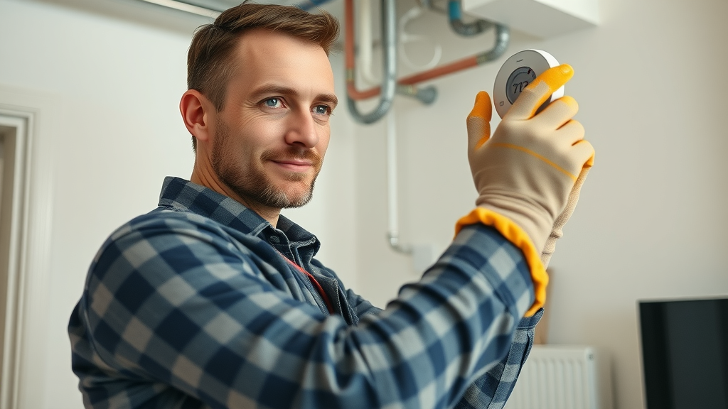 UK homeowner examining a smart thermostat glitch in a traditional hallway, troubleshooting issues with energy savings and heating control