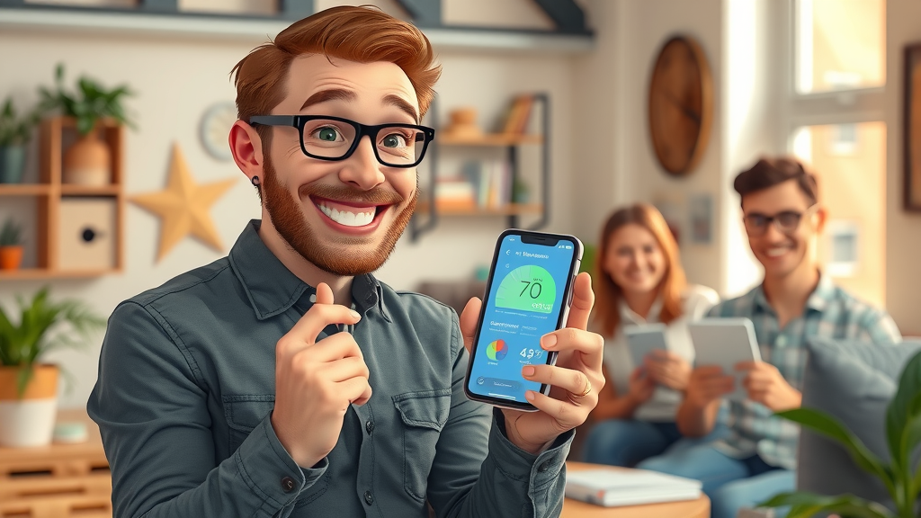 Tech-savvy adult syncing a smart thermostat with smartphone and Amazon Alexa in a futuristic UK smart home, surrounded by other connected devices